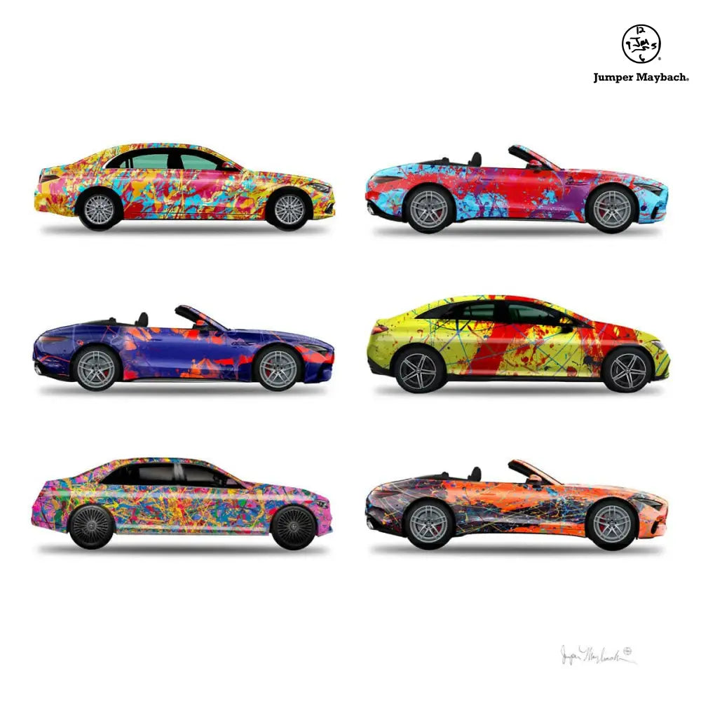 Six Jumper Maybach® car print on paper, stacked vertically with signature, featuring detailed illustrations of classic cars.