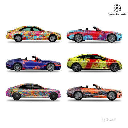 Six Jumper Maybach® car print on paper, stacked vertically with signature, featuring detailed illustrations of classic cars.