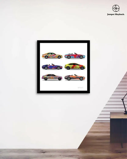 Six colorful car prints by Jumper Maybach on paper, stacked neatly for office decor or display.