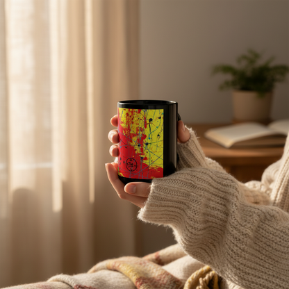 Person holding a mug with a colorful design in a cozy indoor setting
