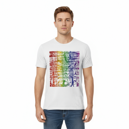 Man wearing a white t-shirt with a colorful graphic design on a white background