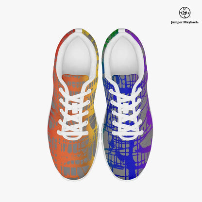 Rainbow Matrix athletic sneakers by Jumper Maybach® featuring vibrant rainbow-colored design, black sole, and athletic shoe style.