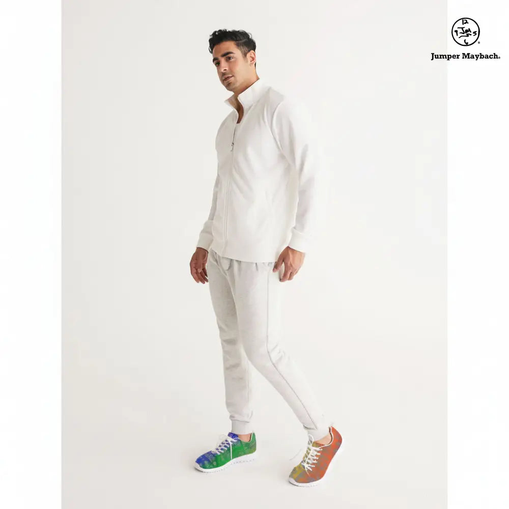 Rainbow Matrix athletic sneakers by Jumper Maybach for men and women, featuring a vibrant rainbow matrix design and sporty silhouette.