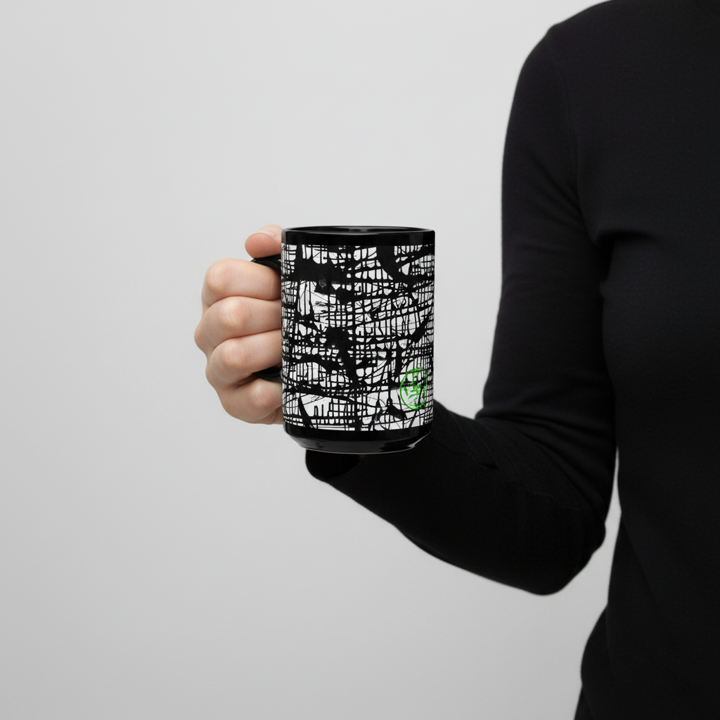 Person holding a mug with a black and white design on a light gray background