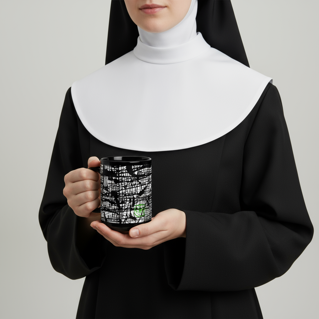 Person in a nun outfit holding a black mug with a design on a plain background