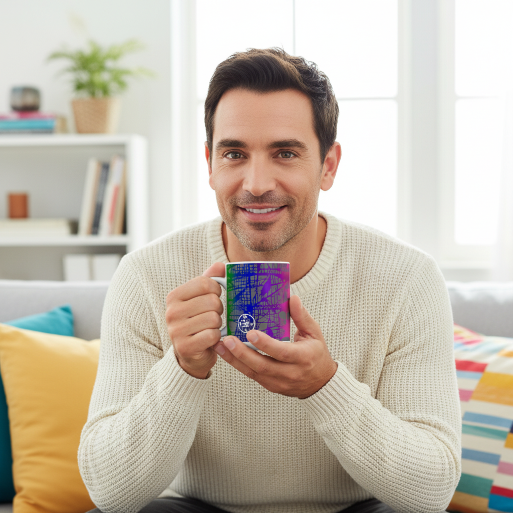 Man holding a colorful mug in a cozy living room