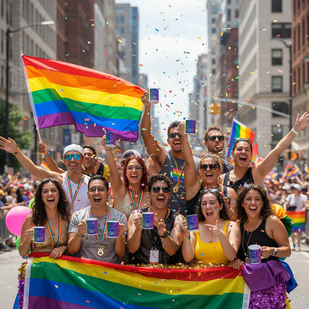 Group of people celebrating a pride parade with rainbow flags and confetti.