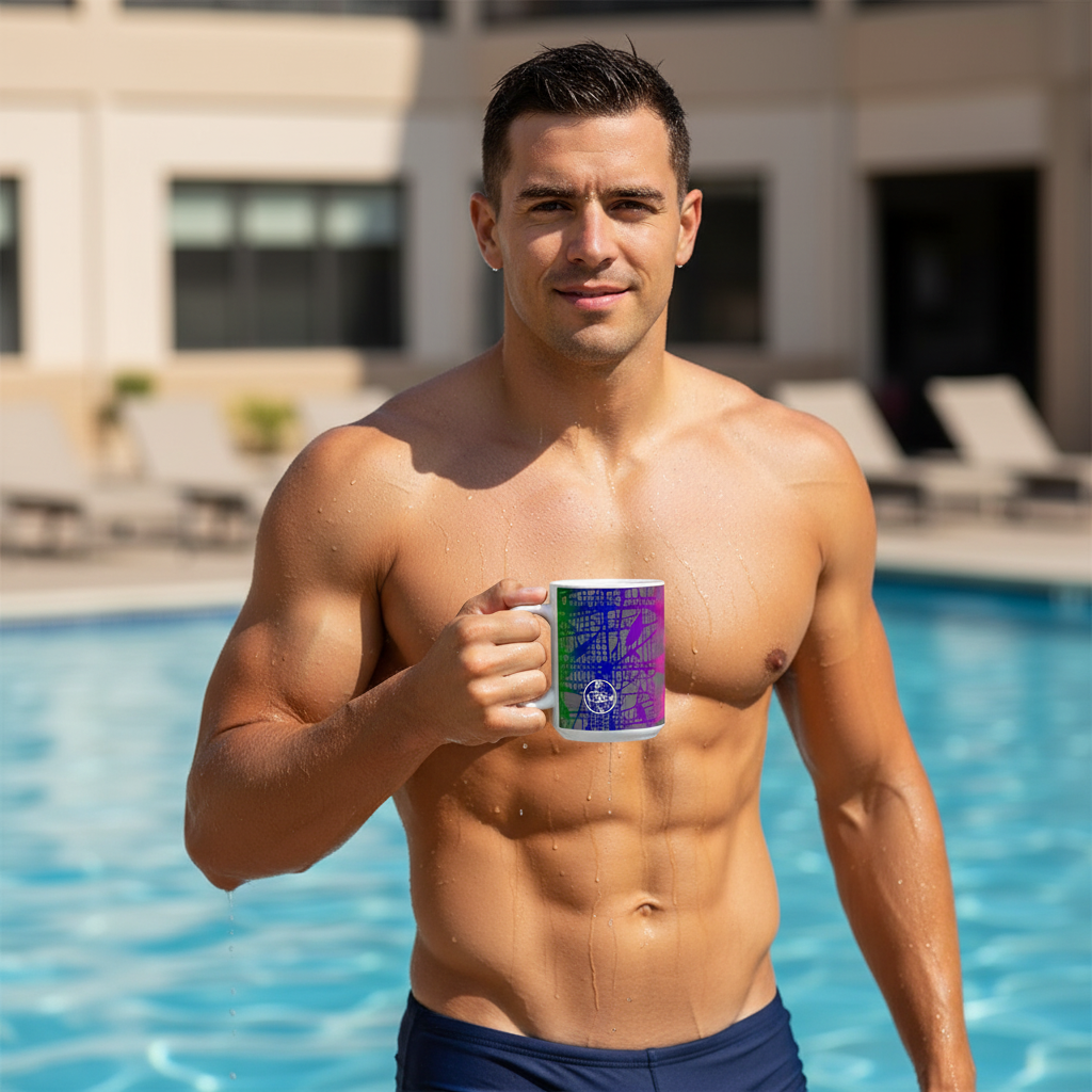 Man holding a mug by a pool with a building in the background
