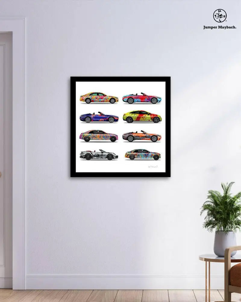 Stack of eight colorful Jumper Maybach car prints on paper featuring detailed illustrations of various vehicle models.