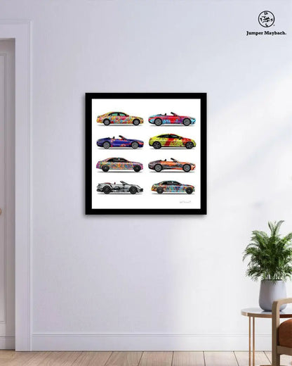 Stack of eight colorful Jumper Maybach car prints on paper featuring detailed illustrations of various vehicle models.