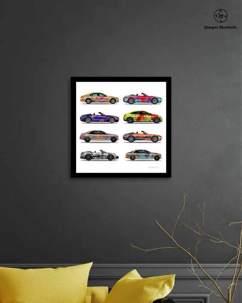 Eight colorful Jumper Maybach car prints stacked on grey background, vibrant automotive artwork on paper.