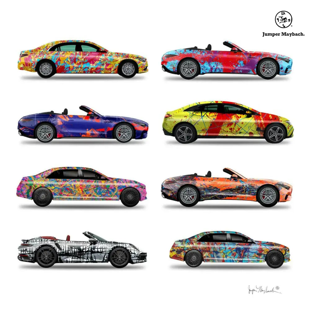 Stack of eight Jumper Maybach® car print artworks on paper, featuring colorful vehicle illustrations with signature details.