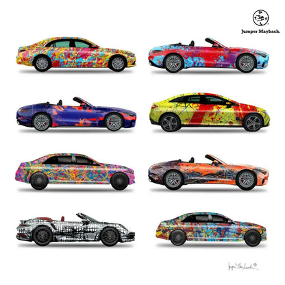 Stack of eight Jumper Maybach® car print artworks on paper, featuring colorful vehicle illustrations with signature details.