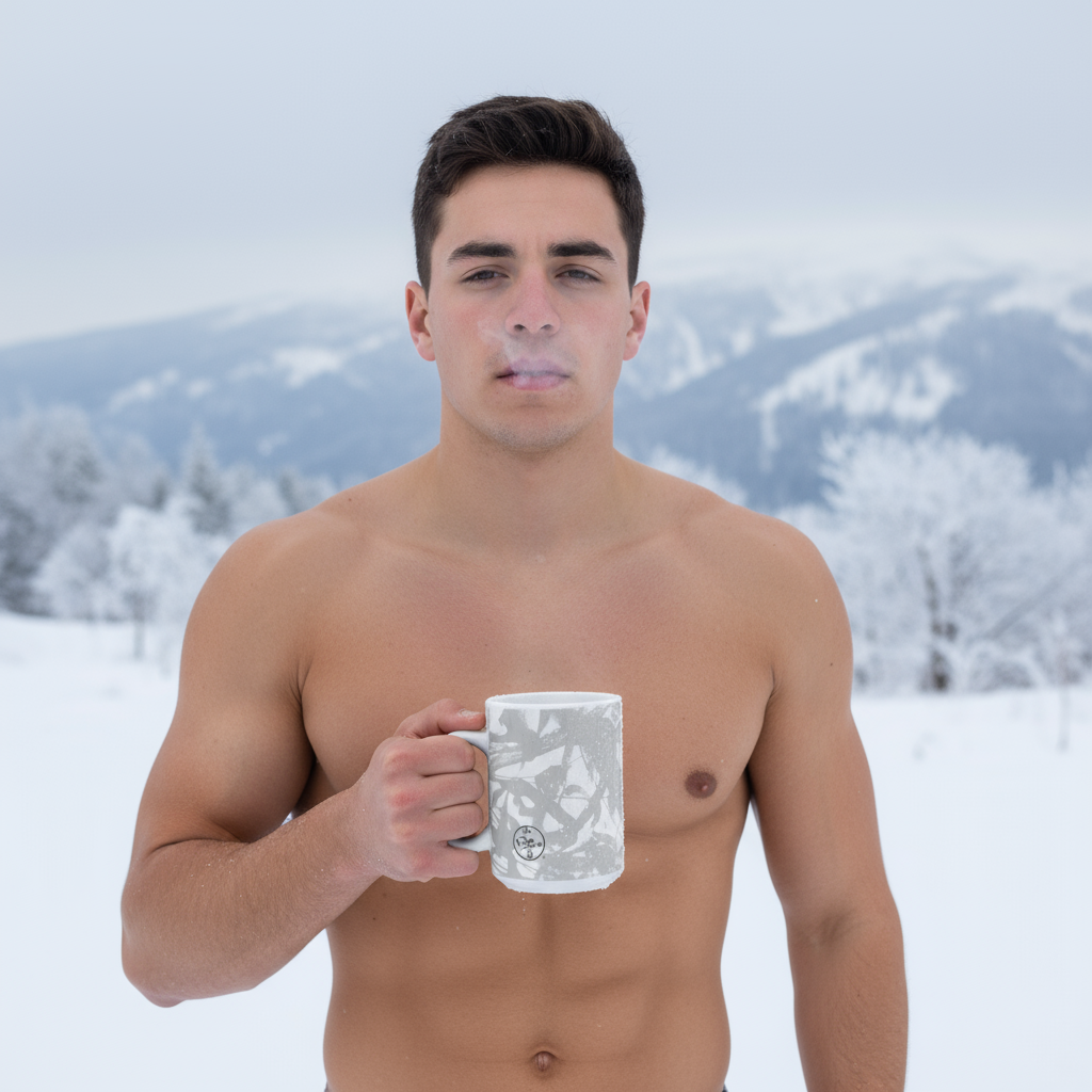Man holding a mug in a snowy landscape