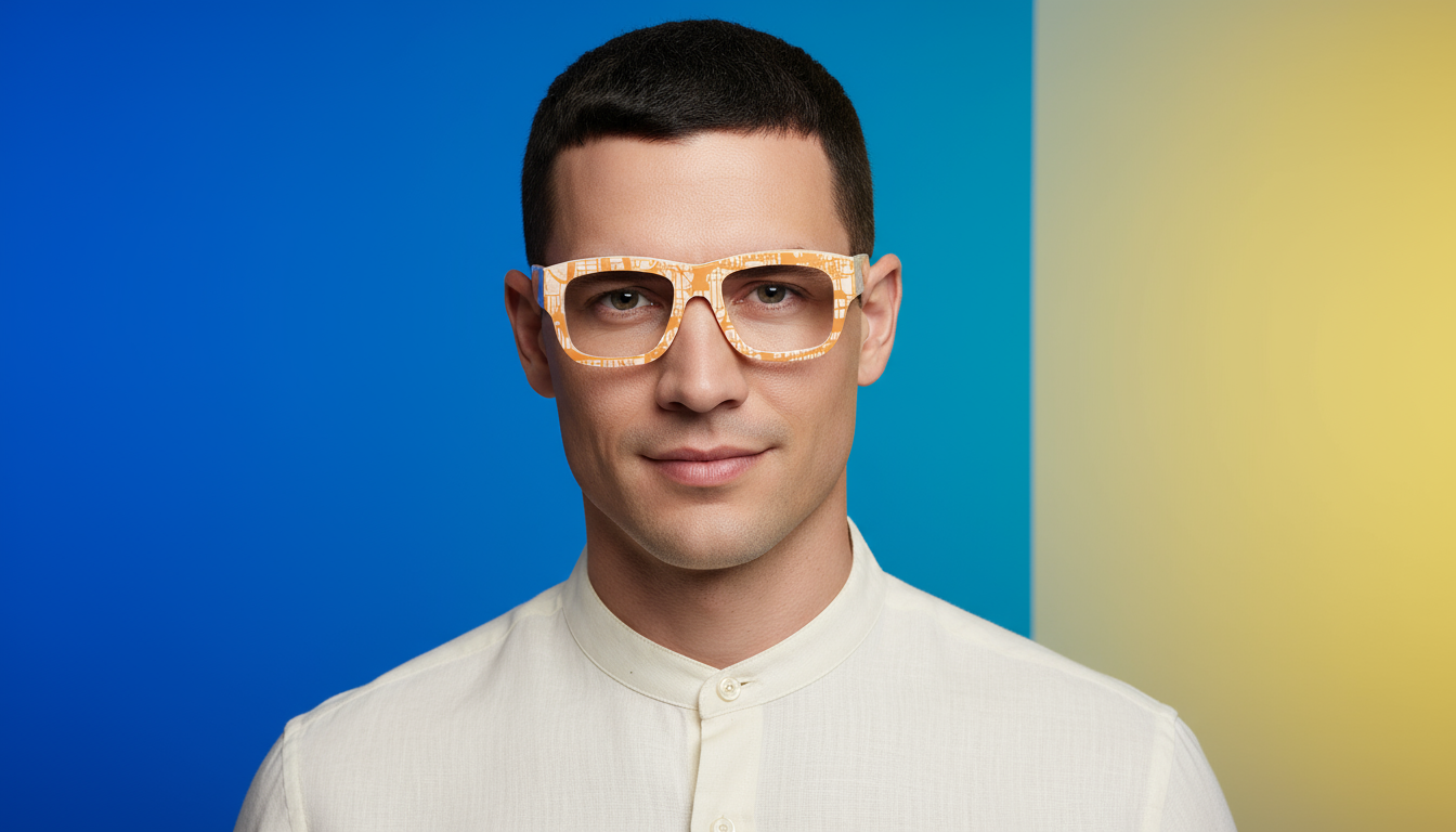 Man wearing sunglasses with a blue and yellow gradient background