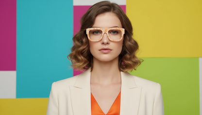 Woman wearing glasses against a colorful geometric background