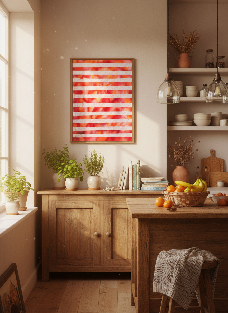 Nest living room with wooden furniture, plants, and a colorful abstract painting.