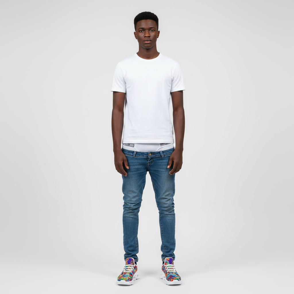 Person wearing a white t-shirt and blue jeans on a plain background
