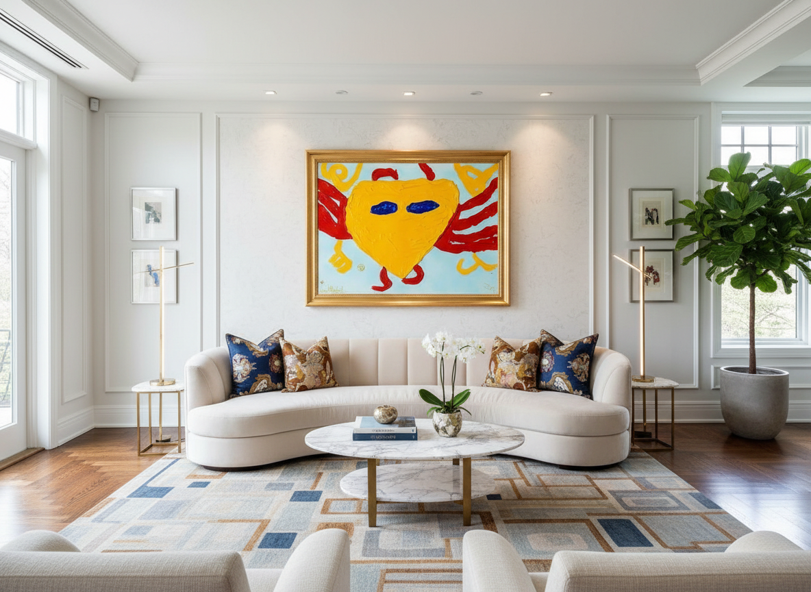 Modern living room with a white sofa, colorful abstract painting, and decorative elements.