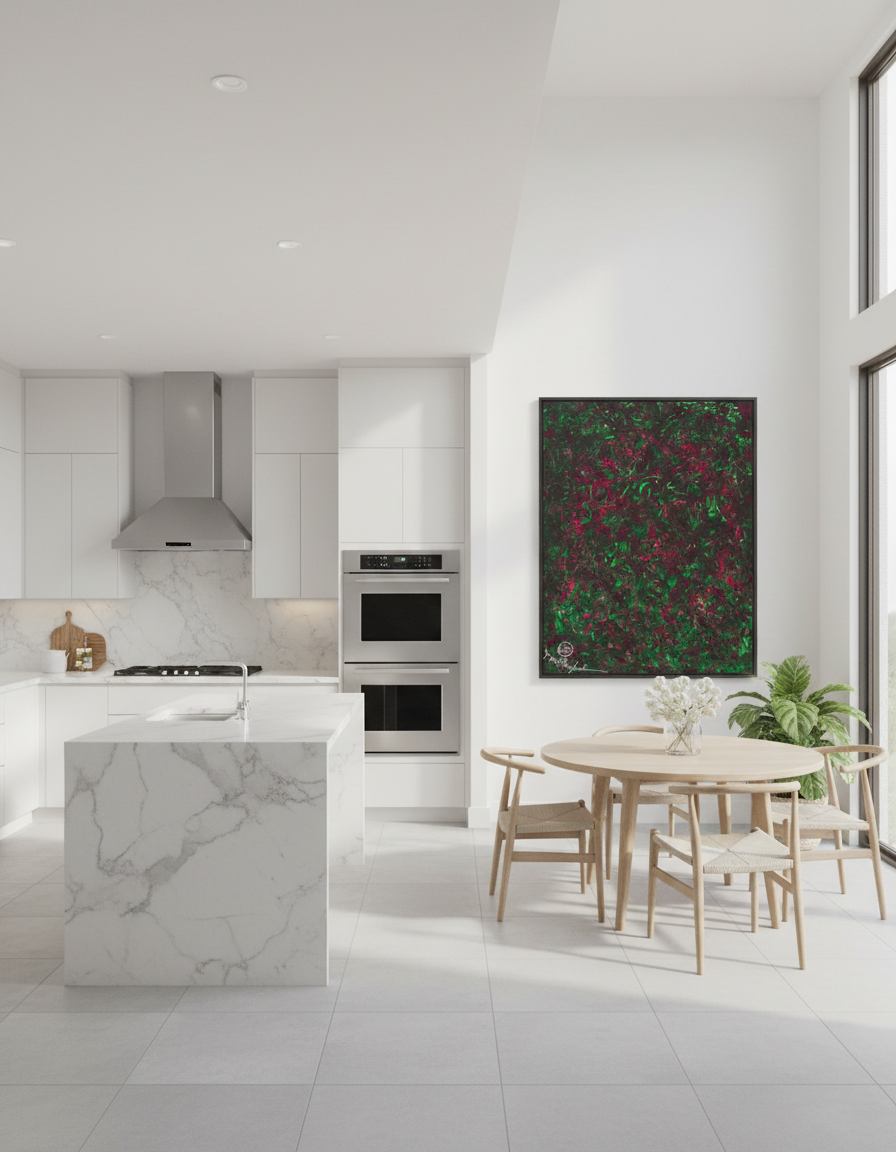 Modern kitchen with marble island, stainless steel appliances, and abstract artwork on the wall.