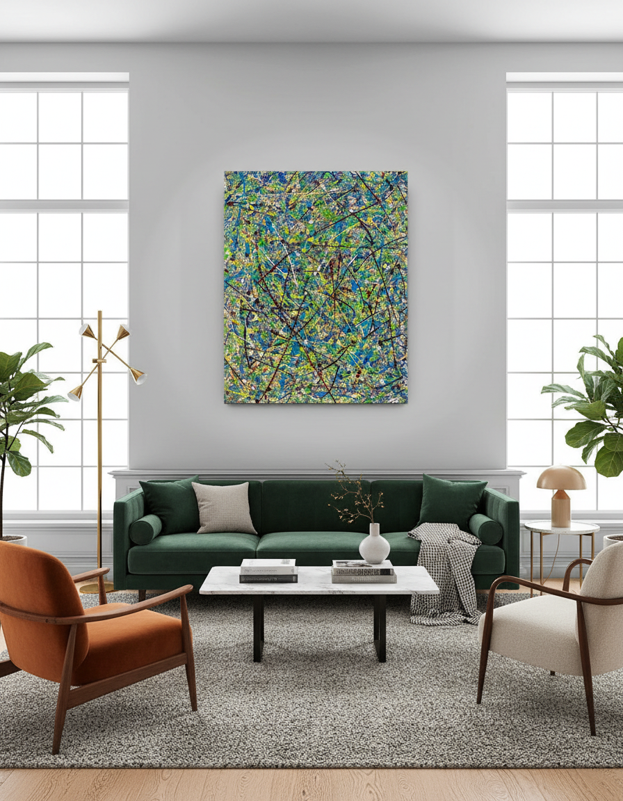 Modern living room with a green sofa, orange chair, and abstract painting on the wall.