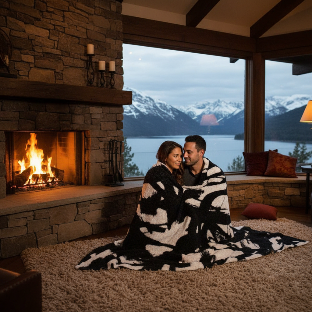 Couple wrapped in a blanket by a fireplace with a scenic view of mountains and water.