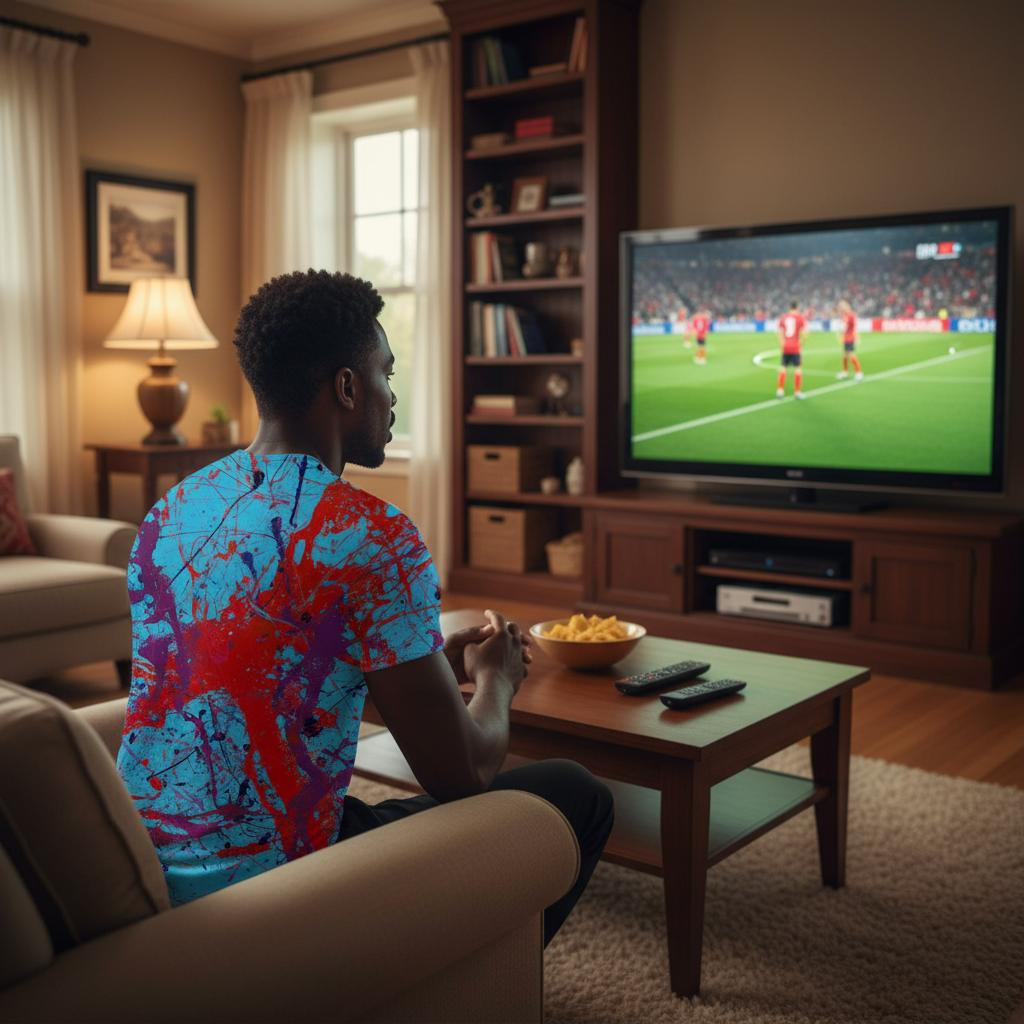 Man watching soccer on TV in a living room with a colorful shirt.