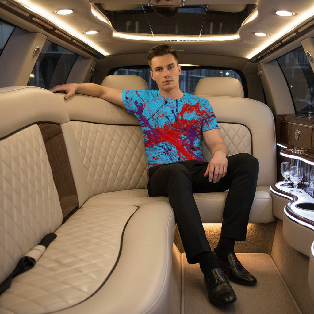 Man sitting in the back of a luxurious vehicle with a colorful shirt.