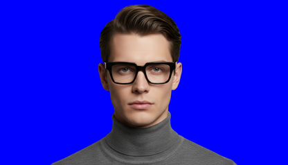 Man wearing black glasses and a gray turtleneck against a plain background