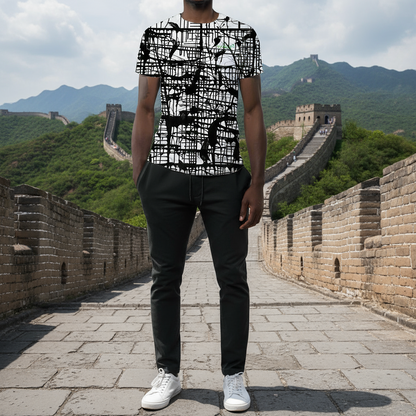 Person wearing a black and white patterned shirt on the Great Wall of China