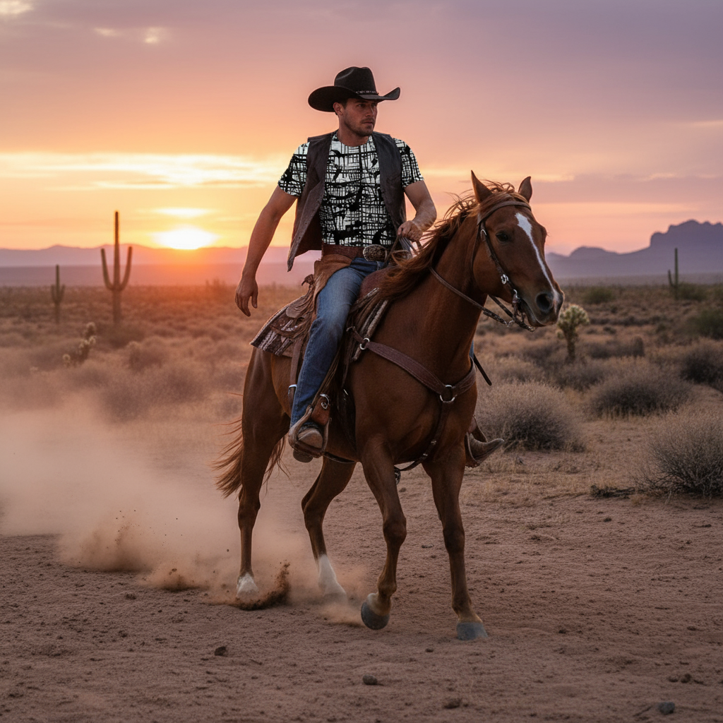 Man riding a horse in a desert landscape with a sunset in the background
