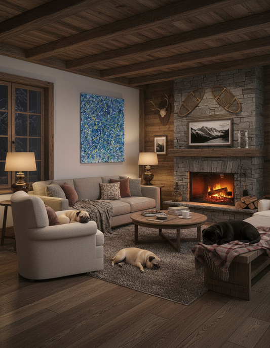Cozy living room with fireplace, sofa, and dogs in a warm setting.