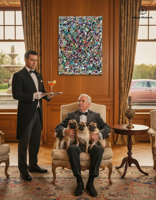Man in formal attire holding three pugs in a room with a butler and abstract painting.