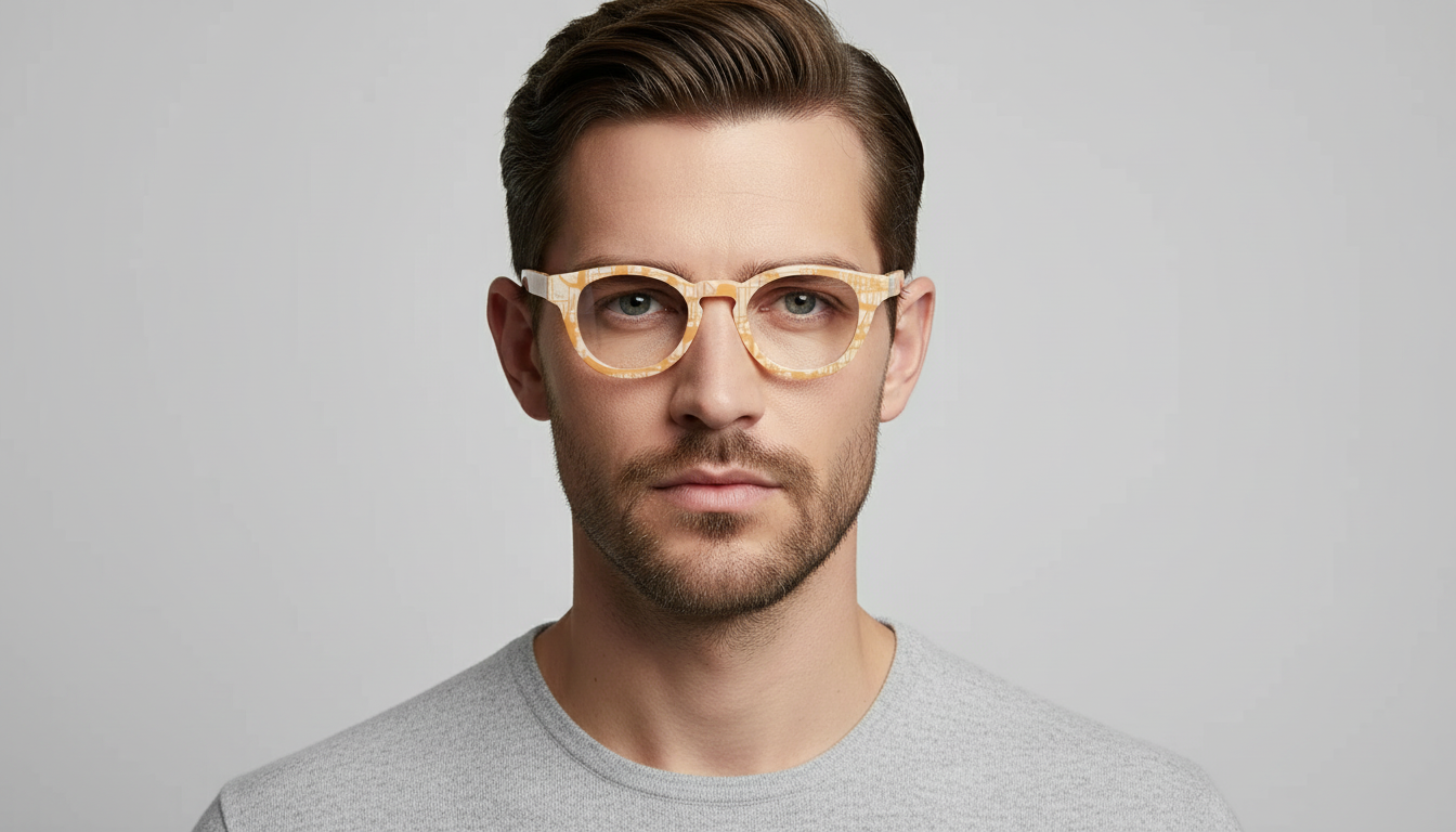 Man wearing gold-rimmed glasses against a gray background