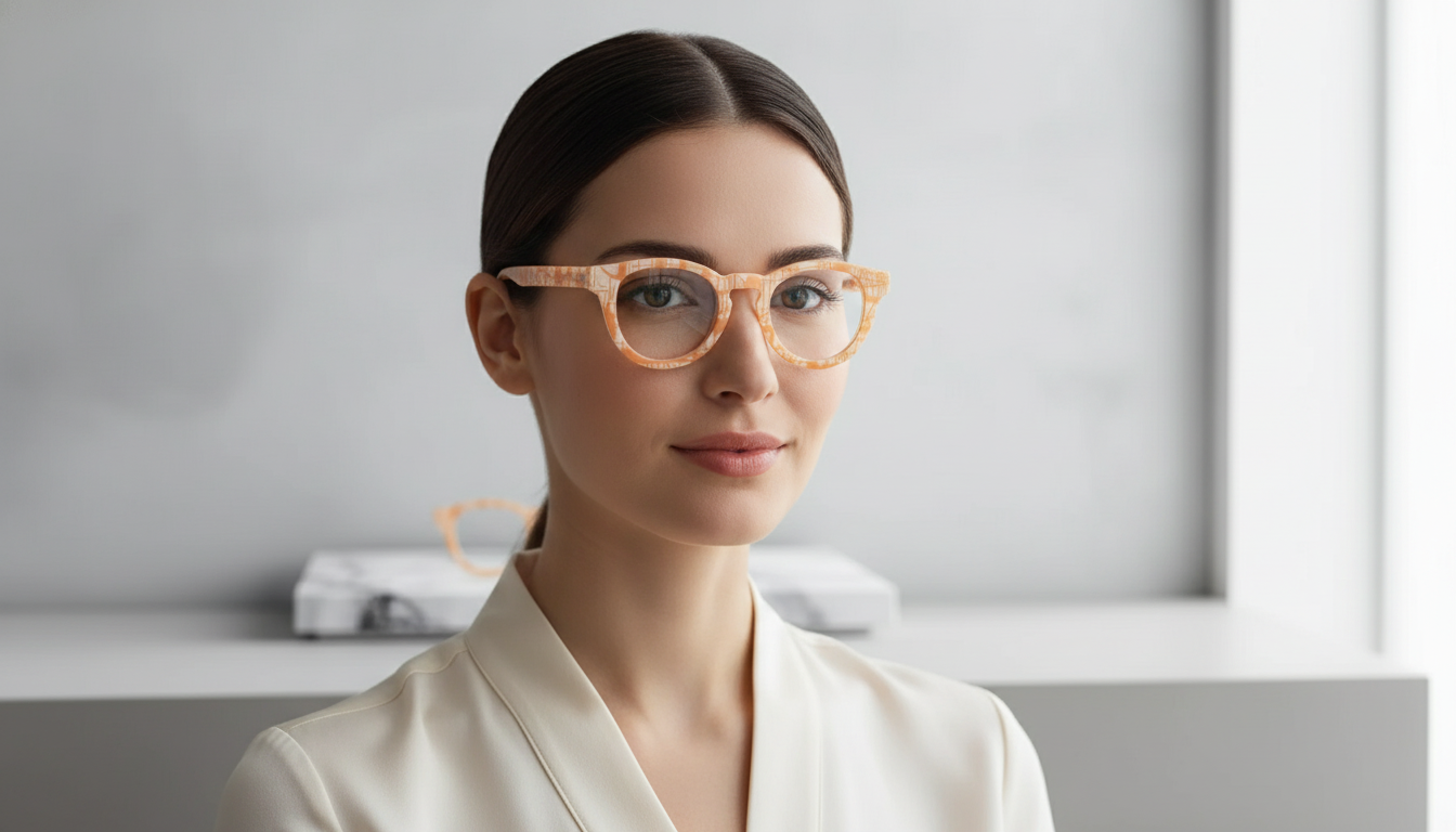 Woman wearing glasses with a neutral background