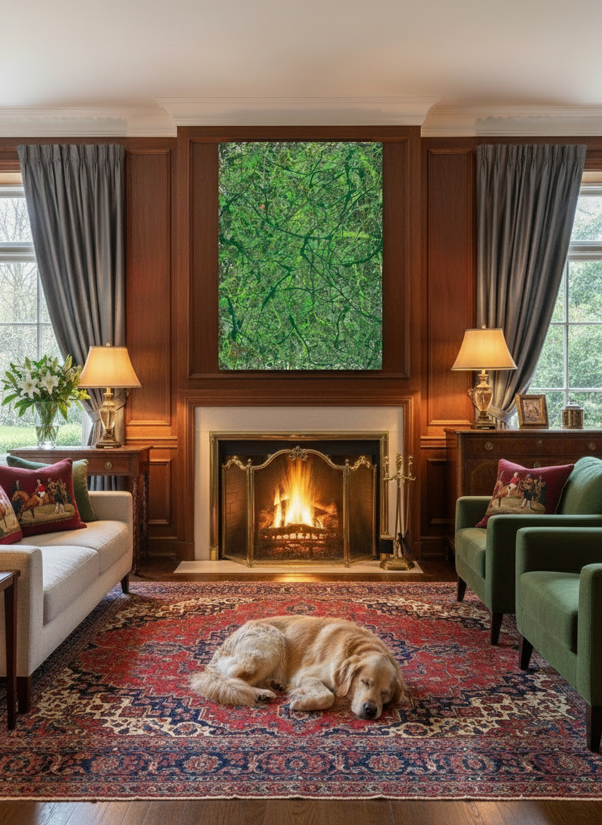 Cozy living room with a fireplace, green wall art, and a dog lying on the floor.