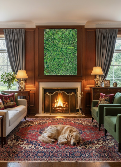 Cozy living room with a fireplace, green wall art, and a dog lying on the floor.