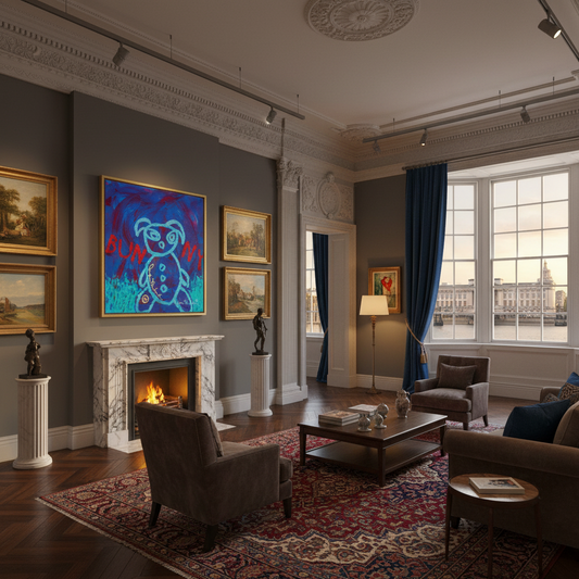 Luxurious living room with fireplace, artwork, and large windows.
