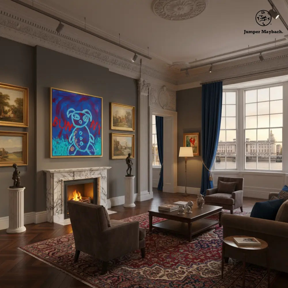 Luxurious living room with fireplace, artwork, and large windows.