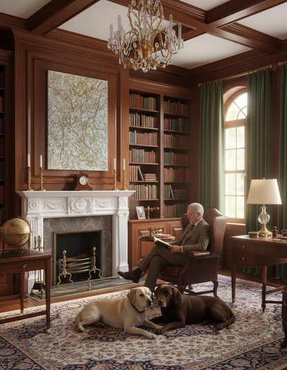 Man sitting in a study with two dogs on the floor, surrounded by bookshelves and a fireplace.