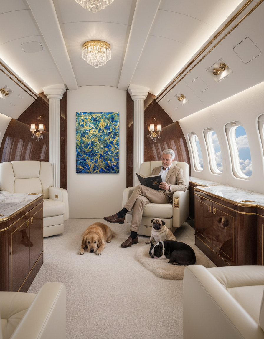 Man sitting in a luxurious airplane cabin with two dogs and a painting on the wall.