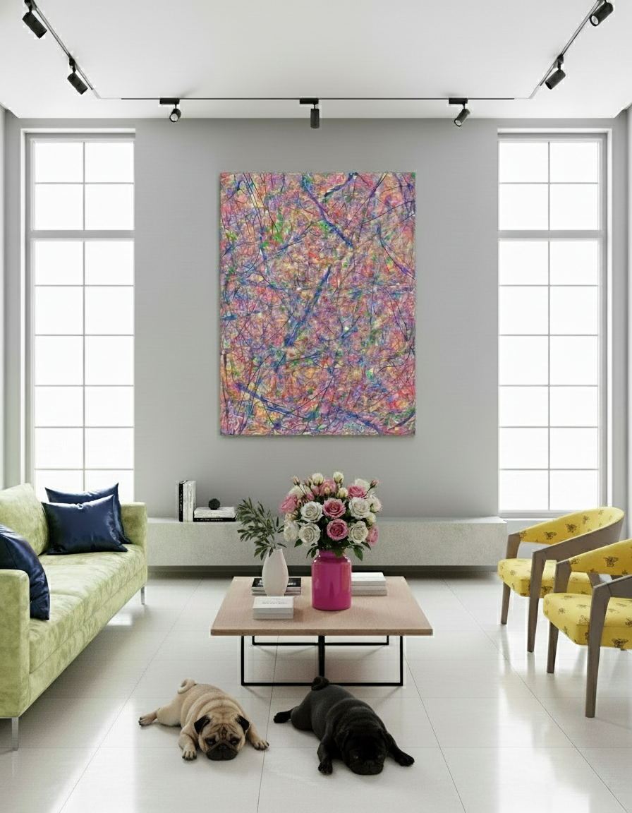 Modern living room with colorful abstract painting, green sofa, yellow chairs, and two dogs.