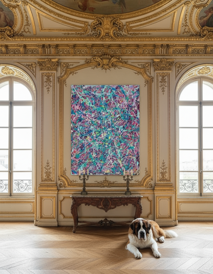 Dog lying on a wooden floor in a grand room with ornate ceiling and colorful abstract painting.