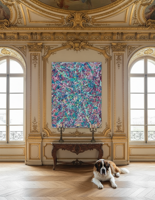 Dog lying on a wooden floor in a grand room with ornate ceiling and colorful abstract painting.