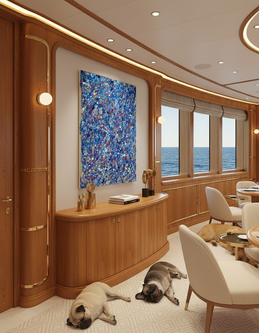 Luxury interior of a yacht with wooden paneling, artwork, and seating area.