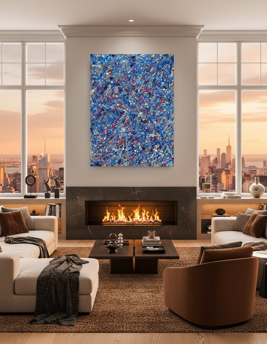 Modern living room with a fireplace, abstract blue artwork, and cityscape view.
