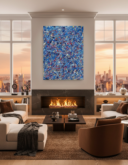 Modern living room with a fireplace, abstract blue artwork, and cityscape view.