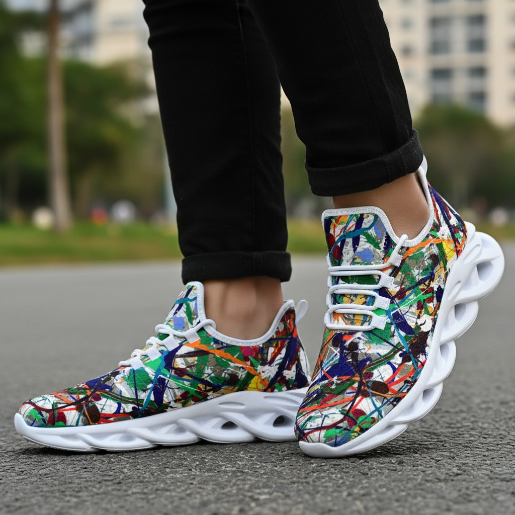 Colorful sneakers with a abstract pattern worn outdoors on a blurred background