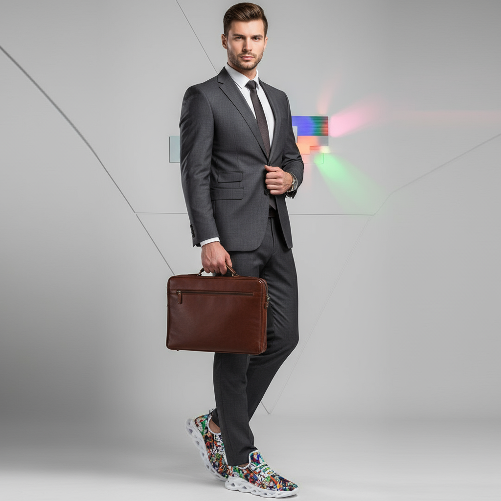 Man in a gray suit holding a brown briefcase against a gray background