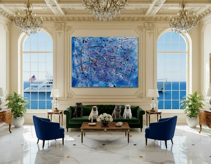 Luxurious living room with a large abstract blue painting, green sofa, and decorative items.